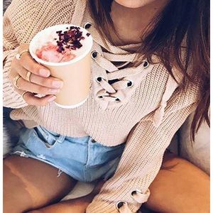 Cream lace up sweater